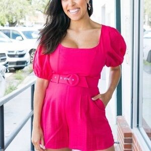 Lavender Brown Shimmer Square Neck Belted Romper in Rasperry